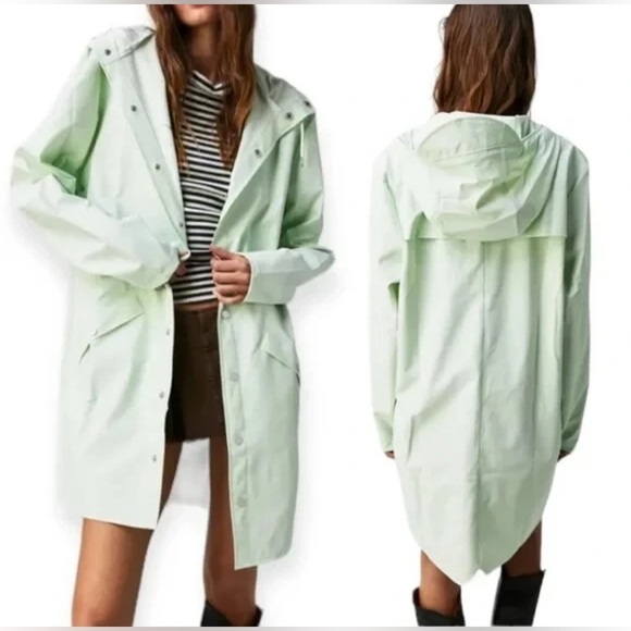 Rains Hooded Coated-Shell Jacket In Light Green Size L NWT - Picture 1 of 10